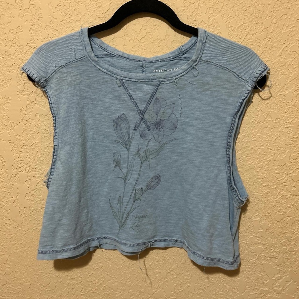 American Eagle Outfitters Light Blue Floral Muscle Tee